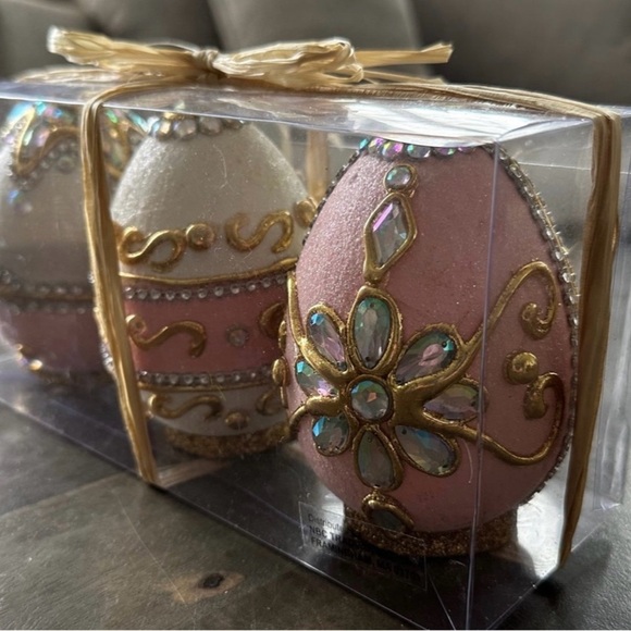 COPY - CAPIZ SHELL Embellished EGG EASTER DECOR Crystal Pearl Set Of 3 - Picture 5 of 5